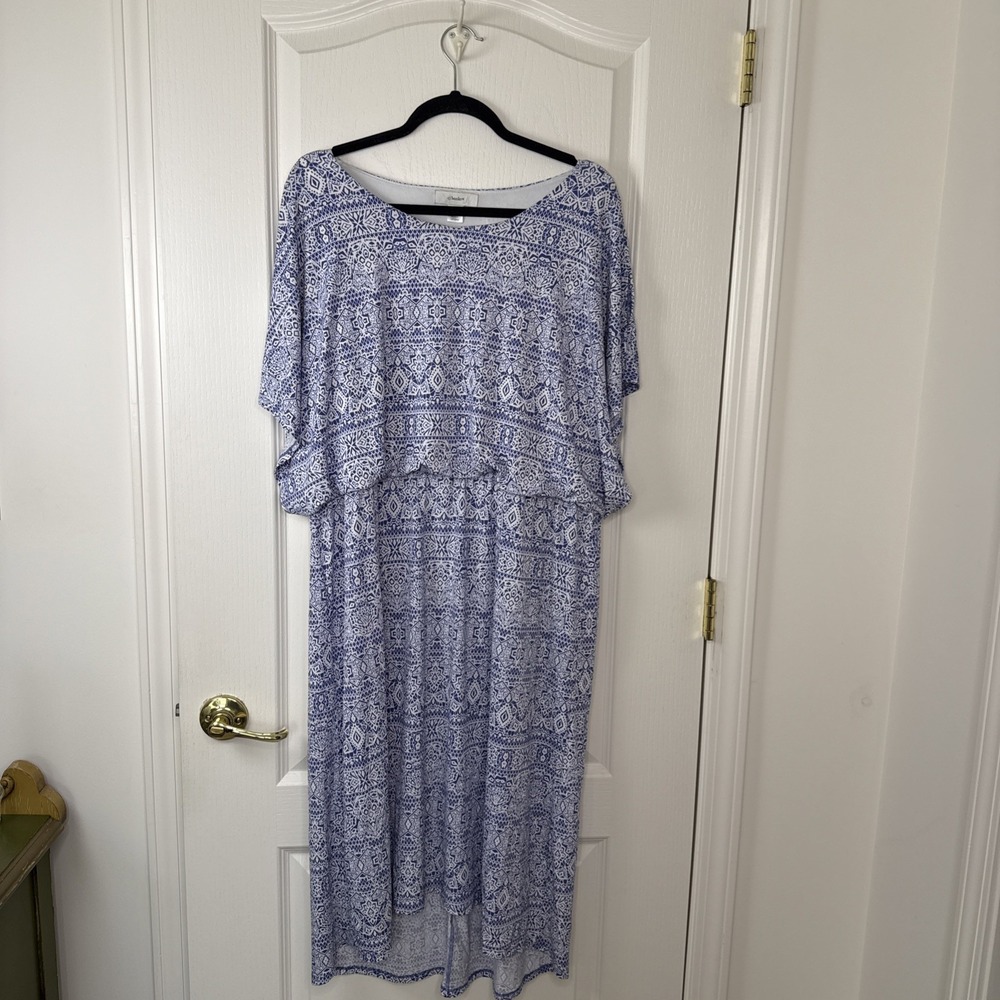 NWT CJ Banks Womens 1X Blue White Geometric Midi Dress Plus Size 16W 18W Lined
